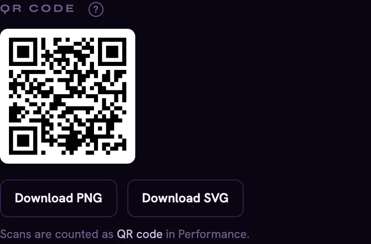 The QR panel in the dashboard, with buttons to download the code as a picture