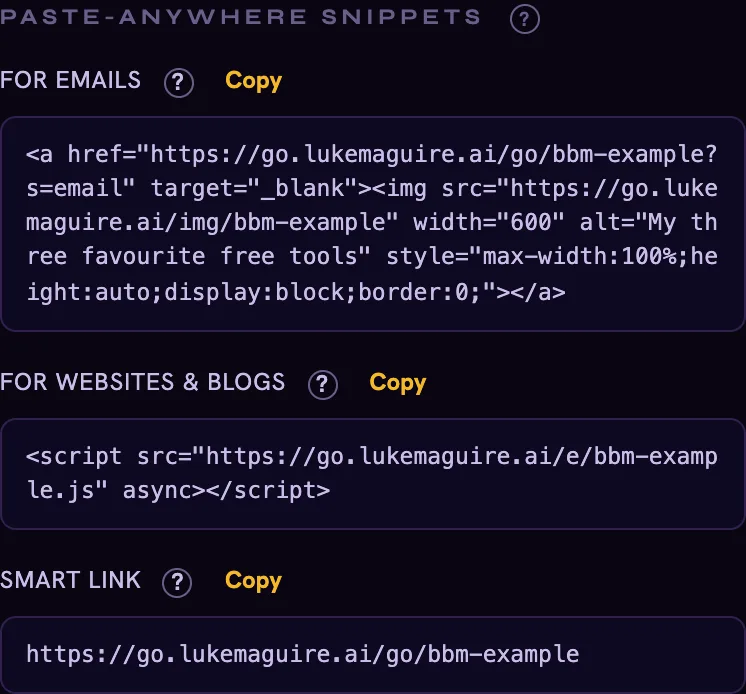 The snippets panel with ready-to-paste code for emails, websites and a plain smart link